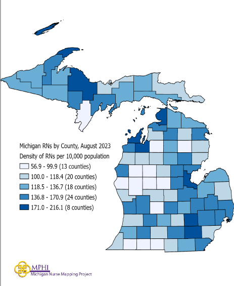 Michigan map of RNs by county in 2023